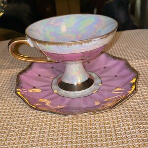 Vintage Royal Sealy China Japan Teacup Saucer Pink with Quails Gold Trim